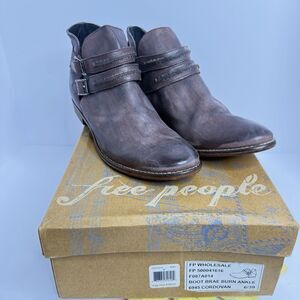 FREE PEOPLE Braeburn Ankle Boots Distressed Leather Buckle Strap Booties Brown